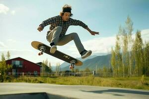 ein kaukasisch Mann tun Tricks oder Springen auf ein Skateboard beim das Straße. jung Mann mit Skater Springen Konzept durch ai generiert foto