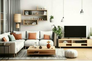 modern Wohnung Innere im Leben oder Schlafzimmer Design mit Arbeiten Tisch, Möbel, und Bücherregal. Luxus Zuhause skandinavisch Konzept durch ai generiert foto
