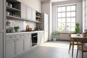 modern Küche Innere Design im Wohnung oder Haus mit Möbel. Luxus Küche Zuhause skandinavisch Konzept durch ai generiert foto