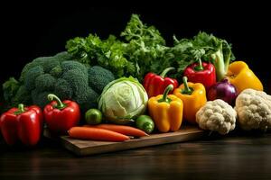 Sammlung mischen frisch Gemüse und Früchte zum ein Salat. gesund Diät Konzept und Gemüse Essen durch ai generiert foto