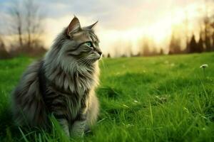 süß Katze aussehen zu das Seite und Sitzung im das Garten oder Gras. Katze im Natur Lebensraum. Katze Tag Konzept durch ai generiert foto