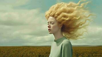 surreal Foto von ein Mädchen im Natur, Blume Feld, Aktie, Frau Schönheit, blond, Rothaarige, generativ ai
