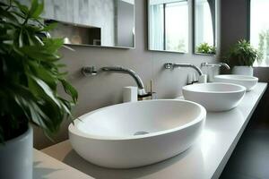 modern Öffentlichkeit Badezimmer mit Reihe von Weiß Keramik waschen sinken Becken und Wasserhahn mit Spiegel im Toilette Konzept durch ai generiert foto