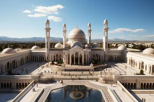 genial Gebäude von Moschee im Ramadan Schwingungen. Ramadan kareem eid Mubarak islamisch Moschee Konzept durch ai generiert foto