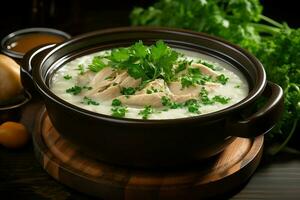 ein köstlich Hähnchen Suppe Essen mit Gemüse im ein Schüssel. Winter Essen und hoch Protein Suppe Mahlzeit Konzept durch ai generiert foto