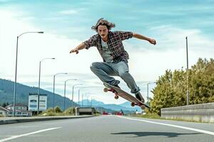 ein kaukasisch Mann tun Tricks oder Springen auf ein Skateboard beim das Straße. jung Mann mit Skater Springen Konzept durch ai generiert foto