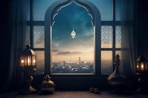 eid Mubarak und Ramadan kareem Schöne Grüße mit islamisch Laterne und Moschee. eid al fitr Hintergrund. eid al fitr Hintergrund von Fenster Konzept durch ai generiert foto