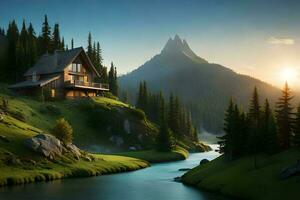 bergig Landschaft mit ein klein Haus auf oben von ein Hügel umgeben durch Bäume ai generiert. foto