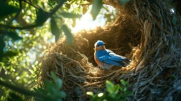ein nett Fett Blau Vogel Herstellung ein Nest niedrig im das Geäst von ein Ulme Baum ai generiert Bild foto