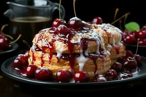 hausgemacht von köstlich Gebäck oder Pfannkuchen mit Obst Dänen und Kirsche. dänisch Gebäck und Dessert Konzept durch ai generiert foto