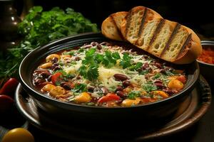 ein köstlich Minestrone Suppe Essen im ein Schüssel. Italienisch Essen und gesund Protein Suppe Mahlzeit Konzept durch ai generiert foto