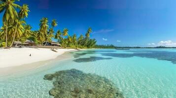 tropisch Paradies Strand mit Weiß Sand und Kristall klar Blau Wasser. schön natürlich Sommer- Ferien Ferien Hintergrund. Reise Tourismus breit Panorama Hintergrund Konzept. ai generativ foto