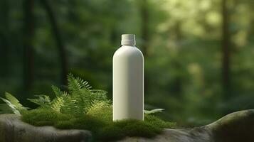 natürlich kosmetisch Produkt Präsentation hinter den Kulissen. draußen Wald Platzierung. Weiß leer Krug Shampoo Flasche. 3d. ai generativ foto