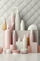 Pastell- Hautpflege Produkte vereinbart worden im ein Weiß Badezimmer. Barbiecore hell Palette bilden Banner. ai generativ foto