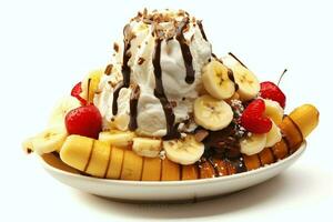 ein köstlich Banane Teilt Eis Sahne Dessert mit Schokolade Sirup. Banane Teilt Eis Sahne Dessert durch ai generiert foto