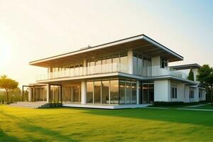 schön modern Haus Außen mit Gras. Feld modern Wohn Kreis und minimalistisch Gebäude Konzept durch ai generiert foto