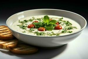 ein köstlich Gemüse Suppe Essen im ein Schüssel. Winter Essen und hoch Protein Suppe Mahlzeit Konzept durch ai generiert foto