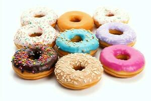 bunt und lecker verschiedene Donuts mit bunt Sträusel Zucker. köstlich Dessert Donuts Hintergrund Konzept durch ai generiert foto