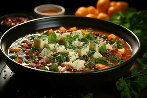 ein köstlich Minestrone Suppe Essen im ein Schüssel. Italienisch Essen und gesund Protein Suppe Mahlzeit Konzept durch ai generiert foto