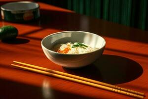 Schüssel Reis mit Stäbchen foto