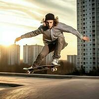 ein kaukasisch Mann tun Tricks oder Springen auf ein Skateboard beim das Straße. jung Mann mit Skater Springen Konzept durch ai generiert foto