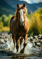 ein wild Pferd Laufen im das Bach. wild oder Bauernhof Tiere Konzept durch ai generiert foto