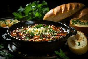 ein köstlich Minestrone Suppe Essen im ein Schüssel. Italienisch Essen und gesund Protein Suppe Mahlzeit Konzept durch ai generiert foto