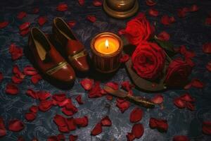 ein Anordnung von rot Rosen verstreut auf ein Bett, mit ein Verbrennung Kerze im das Center. Paare von Herren Schuhe können Sein gesehen Umgebung das Rosen und Kerze, Erstellen ein warm und intim Atmosphäre. foto