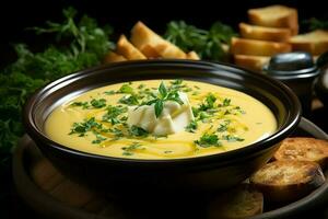 ein köstlich Mais Suppe Essen mit Gemüse im ein Schüssel. Winter Essen und hoch Protein Suppe Mahlzeit Konzept durch ai generiert foto