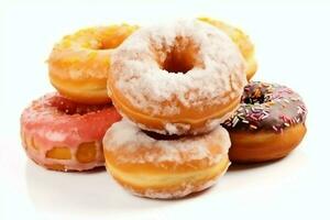 bunt und lecker verschiedene Donuts mit bunt Sträusel Zucker. köstlich Dessert Donuts Hintergrund Konzept durch ai generiert foto