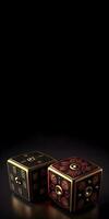 Paar von schwarz und rot Metall Würfel gegen dunkel Hintergrund. Rolle spielen, Kasino oder Tafel Spiel Konzept. generativ ai Technologie. foto