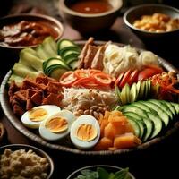 Gado-Gado indonesisch traditionell Lebensmittel. mischen von gekocht oder Dampf Gemüse serviert mit Erdnuss Soße Konzept durch ai generiert foto