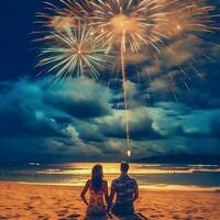 ein Mann und Frau Paar Aufpassen bunt Feuerwerk beim Strand zum feiern Urlaub oder glücklich Neu Jahr Konzept durch ai generiert foto