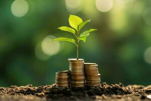 Geschäft Wachstum mit ein wachsend Baum auf ein Münze. zeigen finanziell Entwicklungen. finanziell Planung Konzept durch ai generiert foto