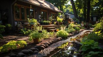 hölzern Haus im Dorf mit Pflanzen und Blumen im Hinterhof Garten. Garten und Blume auf ländlich Haus Konzept durch ai generiert foto