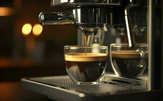 ein Fachmann Kaffee Maschine vorbereiten ein Espresso Kaffee im ein Glas Tasse, ai generativ foto