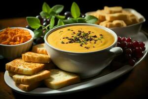 ein köstlich Kürbis Suppe Essen Sahne im ein Schüssel. Winter Essen und hoch gesund Suppe Mahlzeit Konzept durch ai generiert foto