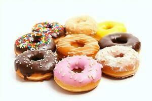 bunt und lecker verschiedene Donuts mit bunt Sträusel Zucker. köstlich Dessert Donuts Hintergrund Konzept durch ai generiert foto