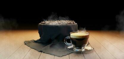 heiß Espresso frisch Kaffee auf das Tabelle geröstet Kaffee Bohnen auf hölzern Hintergrund und Kaffee Becher 3d Illustration von heiß Kaffee Bohnen foto