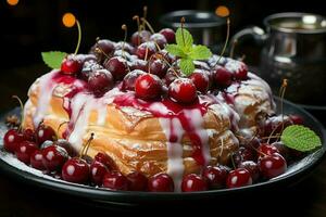 hausgemacht von köstlich Gebäck oder Pfannkuchen mit Obst Dänen und Kirsche. dänisch Gebäck und Dessert Konzept durch ai generiert foto