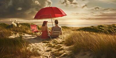 Sommer- Liebe Paar, Strand, sonnig Tag, Sonne, Hintergrund Hintergrund, surreal, Aktie, generativ ai foto