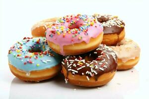 bunt und lecker verschiedene Donuts mit bunt Sträusel Zucker. köstlich Dessert Donuts Hintergrund Konzept durch ai generiert foto