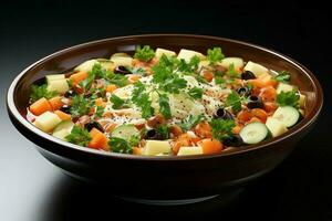 ein köstlich Minestrone Suppe Essen im ein Schüssel. Italienisch Essen und gesund Protein Suppe Mahlzeit Konzept durch ai generiert foto