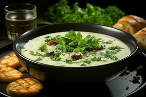 ein köstlich Gemüse Suppe Essen im ein Schüssel. Winter Essen und hoch Protein Suppe Mahlzeit Konzept durch ai generiert foto