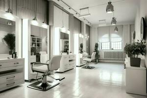 modern Friseur Innere mit Spiegel Stuhl und andere Ausrüstung in der Nähe von Fenster. Stühle im Friseur Konzept durch ai generiert foto