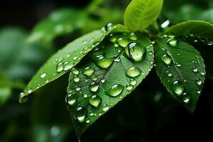 Makro Schuss von Grün Blätter mit Wasser Tröpfchen, Tau oder Regen fallen auf ihnen. Grün Blatt Natur Wald Konzept durch ai generiert foto