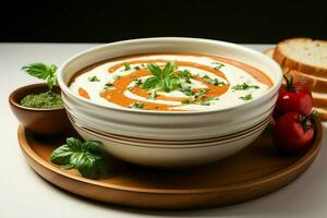 ein köstlich Tomate Suppe Essen im ein Schüssel. Winter Essen und gesund Protein Suppe Mahlzeit Konzept durch ai generiert foto