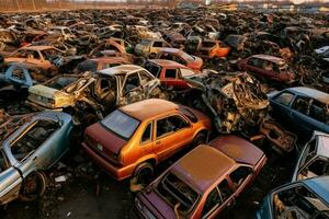 rosten alt Müll Autos mit Umgebung Verschmutzung im Schrottplatz zum Recycling. verlassen Auto Abfall Konzept durch ai generiert foto