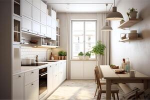 modern Küche Innere Design im Wohnung oder Haus mit Möbel. Luxus Küche Zuhause skandinavisch Konzept durch ai generiert foto