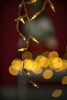 ein Zeichenfolge von Weihnachten Beleuchtung sind hängend von ein Baum foto